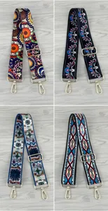 Adjustable replacement shoulder strap for crossbody bags, ethnic boho pattern strap with metal hooks.