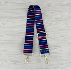 Adjustable replacement shoulder bag strap with colorful stripes and metal hardware hooks.
