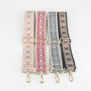 Adjustable Wide Bag Strap Replacement Ethnic Diamond Jacquard Crossbody Shoulder Strap With Gold Metal Clasps
