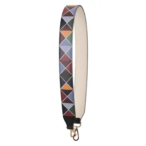 Wide replacement shoulder strap for woman handbag with geometric pattern and metal clips.