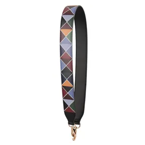 Wide replacement bag strap with geometric triangle pattern and gold metal hooks.