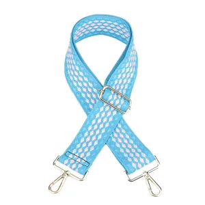 Brede verstelbare vervangende tasband in blauw en roze geweven ontwerp met stevige metalen hardware.