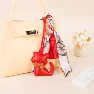 Ins Style Cute Leather Cat Bag Charm With Tassel Silk Scarf Keychain Accessory Women Bag Pendant Gift