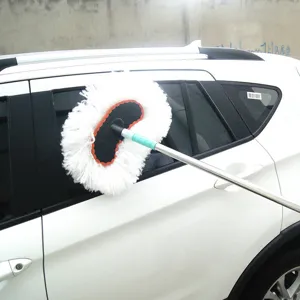 Long handle car cleaning mop with soft white bristles for auto washing and exterior dusting.