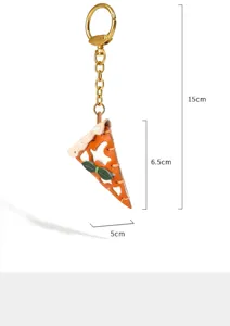 Detailed view of the genuine leather pizza keychain showcasing its 15cm length and size.