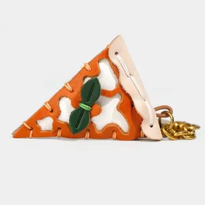 Genuine Leather Pizza Bag Charm Cute 3D Food Keychain Car Key Ring Purse Pendant Handmade Leather Accessories