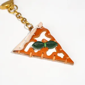 Genuine leather pizza keychain cute 3D bag charm top layer cowhide car hanging ornament