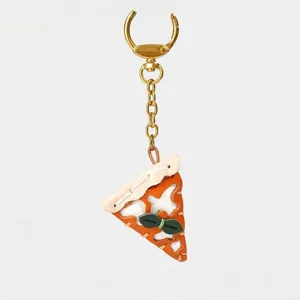 Cute leather pizza keychain and bag charm, genuine cowhide pizza pendant for car keys.