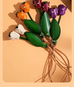 Handmade leather tulip pendant detail shot, showing exquisite stitching and multi-color options.