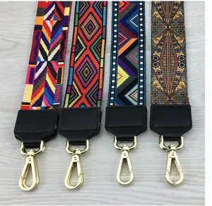 Colorful woven canvas bag strap wide replacement shoulder strap with leather and gold hooks.