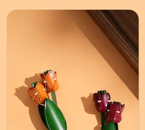 Handmade leather tulip craft detail view, showing exquisite stitching and warm tone charm.
