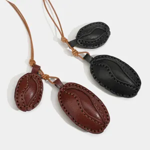 Genuine Cowhide Leather Coffee Bean Keychain Pendant Cute Bag Charm Handcrafted Car Key Ring For Women Men