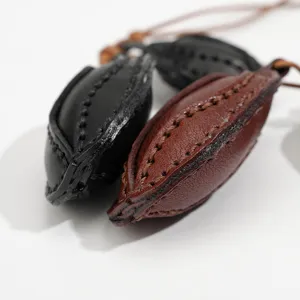 Genuine leather coffee bean keychain bag charm handmade stitching key ring accessories