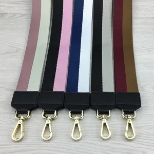 Colorful canvas wide bag strap with leather ends and gold metal swivel hooks for handbags