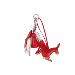 Red leather dachshund bag charm with silk scarf and tassel keychain pendant accessory