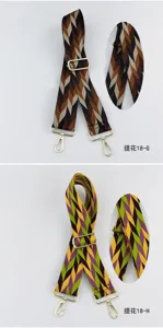 Detailansicht verstellbarer bunter Jacquard-Taschenriemen mit Metallbeschlägen und Muster.