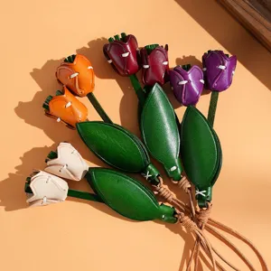 Handmade leather tulip car hanging ornament and cute bag charm, vegetable tanned leather.