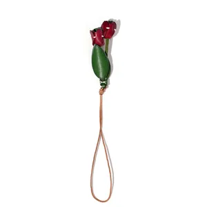 Leather tulip bag charm cute handmade floral key chain car rearview mirror hanging pendant.