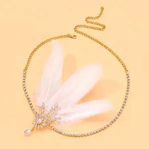 Vintage crystal feather head chain flapper headband for retro party banquet jewelry.