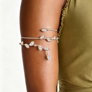 Brazalete de Brazo Elegante de Hoja con Diamantes de Imitación Multicapa Espiral Joyería para Novia Boda Banquete Mujer Oro Plata