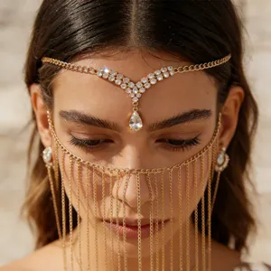 Detailed close-up of a glamorous gold chain face veil with sparkling rhinestones and crystal.