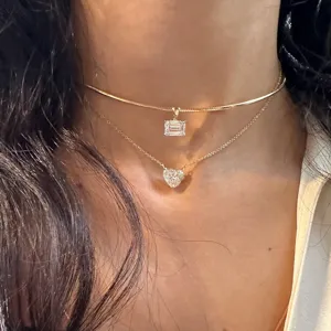 Doppelter Schicht Herz Smaragdschliff Diamant Halskette minimalistische goldene Kette