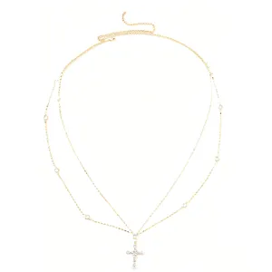 Gold tone rhinestone cross waist chain, double layered body jewelry for party outfits.