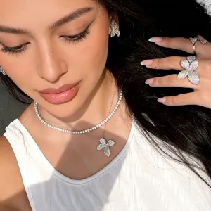 Luxus Kupfer Strass Blume Anhänger Halskette Und Tennis-Kette Mehrlagige Halsketten Set Für Damen Mode Schmuck Geschenk Choker