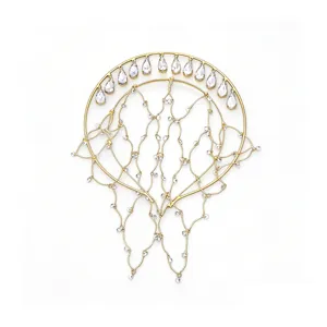 Gold halo crown headband with crystal teardrop rhinestones for bridal wedding hair.