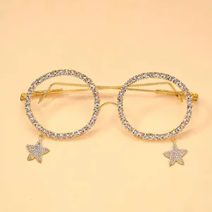 Rhinestone round eyeglass frames with sparkle star pendants, fashion decorative glasses detail.