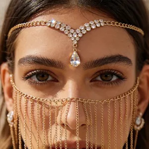 Bohemian Metal Tassel Face Chain Rhinestone Mask For Women Stage Performance Party Luxury Alloy Jewelry Accessories