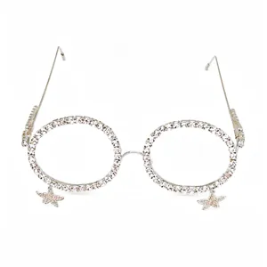 Fashion rhinestone glasses frame for women, lensless decorative eyewear with star pendants.