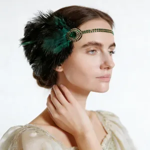 Vintage 1920s Gatsby diadema pluma verde pedrería accesorio pelo para la fiesta.