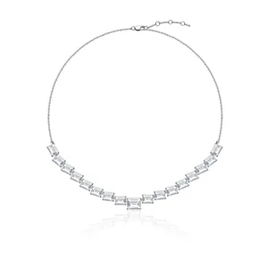 Elegant emerald-cut crystal collarbone necklace for women, stylish minimalist silver chain.