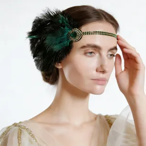 1920s vintage Gatsby diadema pluma verde diamantes imitación flapper para fiesta