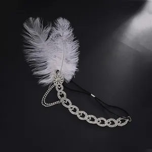 1920s Gatsby vintage rhinestone feather headband close-up detail for party costume.