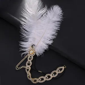 Close-up detail of the 1920s vintage white feather and sparkling rhinestone headband design.