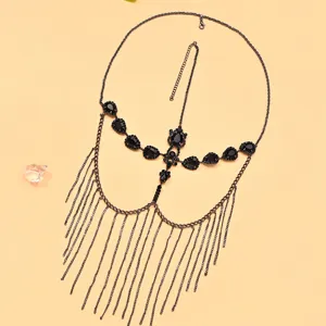 Catena per fronte in strass nero maschera frangia gioiello viso festival festa accessorio
