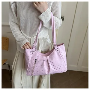 Pink polka dot tote bag for women, stylish casual shoulder bag with double straps and pockets.