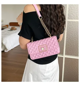 Pink quilted shoulder bag with gold chain strap and metal lock detail. Elegant fashion style.
