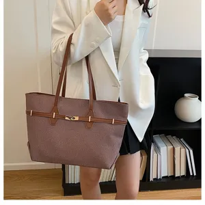 Vintage large capacity shoulder tote bag for women, stylish commuting handbag with lock.