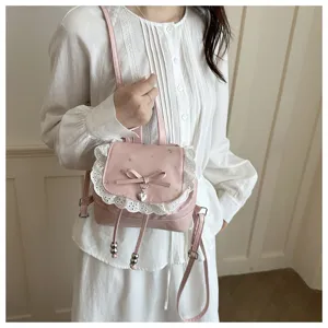 Zaino mini floreale carino da donna, pizzo dolce fiocco in pelle PU borsa casual giornaliera