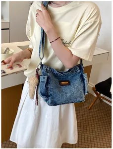 Casual τσαντα ωμου denim με χαριτωμενο κρεμαστο, μοντερνα τσαντα χιαστη κορεατικου στιλ.