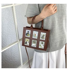 Vintage cat print studded tote bag, brown faux leather shoulder handbag with tarot design details.