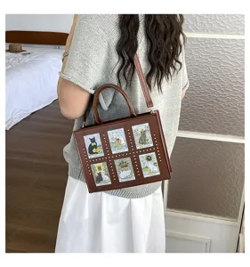 Retro Cat Tarot Card Tote Bag Vintage Rivet Leather Handbag Casual Large Capacity Shoulder Bag
