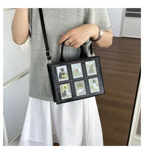 Retro black cat tarot card rivet handbag detail view, premium shoulder tote bag for daily fashion.