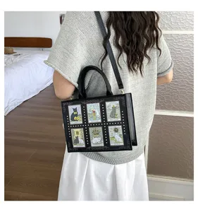 Vintage Cat Tarot Print Rivet Handbag Stylish PU Leather Casual Shoulder Tote Bag