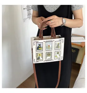 Vintage contrast color cat tarot embroidery rivet handbag stylish large capacity tote bag