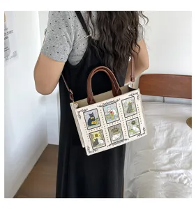 Vintage cat tarot print tote bag retro contrast color shoulder bag large capacity casual handbag
