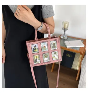 Stylish pink vintage tarot cat print rivet handbag casual tote shoulder bag for women